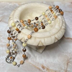 Bead Chain Links Multilayer Bracelet 7.75" Long Silvertone Creams & Browns